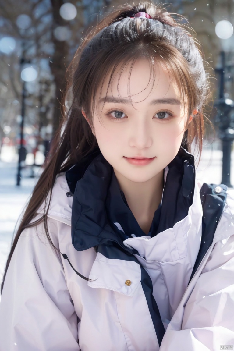  masterpiece, best quality, 1girl ((snowy background)), black hair, floating hair, blush, looking at viewers, white glossy down jacket, happy, ((side)), whole body, feeling snow, (studio light), soft light, dark style, night style, winter, best quality, masterpiece, highres, original, extremely detailed wallpaper,,perfect lighting,(extremely detailed CG:1.2), drawing, paintbrush, 1girl, depth of field,Clear facial features, focusing on the eyes, Purity Portait