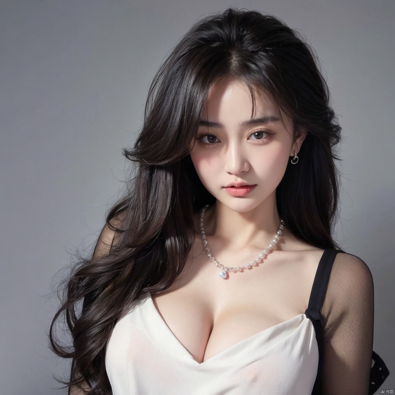  (masterpiece, 4k, best quality, highly detailed, 1girl, solo),1girl, jewelry, breasts, solo, earring, black hair, cleavage,dress, necklace, looking at viewer, dress, long hair,upper body, parted lips, rose, bangs, collarbone, grey background, big breasts, black eyes, pearl necklace, large breasts, see-through, hair between eyes, brown eyes, blush, midjourney, Colorful portraits, zuo, *****, lichun