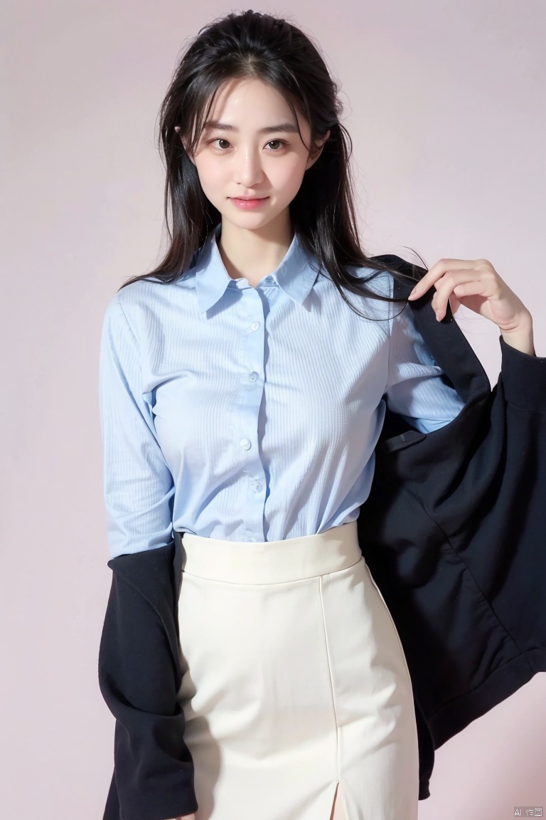 (Good anatomical structure), HDR, UHD, 8K, A real person, Highly detailed, best quality, masterpiece, 1girl,beautiful vintage color, instagram (photorealistic, high resolution:1.4), ((puffy eyes)), looking at viewer, , full body (8k, RAW photo, best quality, masterpiece:1.2), (realistic, photo-realistic:1.37),(sharp focus:1.2), professional lighting, photon mapping, radiosity, physically-based rendering, (pale skin:1.2),(small breasts:1.2), looking at viewer, (middle hair:1.5), portrait, purple eyes, (sliver hair:1.1),bangs, (simple background:1.4), solo, upper body, realistic,(masterpiece:1.4),(best quality:1.4),(shiny skin),fashi-girl,makeup,smile(skinny,closed mouth,shy :1.3) ,(standing,black Stewardess uniform,Necromancer:1.1),medium bust,sexy pose ,
