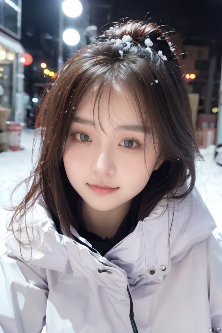  masterpiece, best quality, 1girl ((snowy background)), black hair, floating hair, blush, looking at viewers, white glossy down jacket, happy, ((side)), whole body, feeling snow, (studio light), soft light, dark style, night style, winter, best quality, masterpiece, highres, original, extremely detailed wallpaper,,perfect lighting,(extremely detailed CG:1.2), drawing, paintbrush, 1girl, depth of field,Clear facial features, focusing on the eyes, Purity Portait