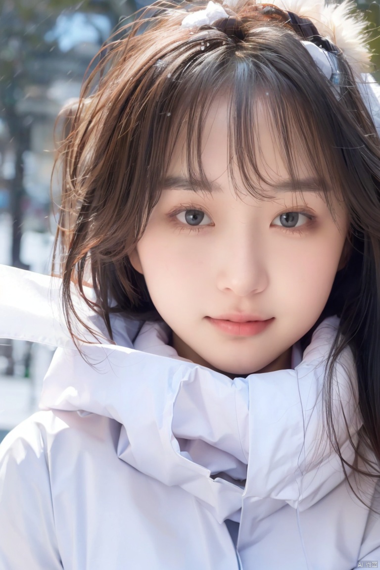 masterpiece, best quality, 1girl ((snowy background)), black hair, floating hair, blush, looking at viewers, white glossy down jacket, happy, ((side)), whole body, feeling snow, (studio light), soft light, dark style, night style, winter, best quality, masterpiece, highres, original, extremely detailed wallpaper,,perfect lighting,(extremely detailed CG:1.2), drawing, paintbrush, 1girl, depth of field,Clear facial features, focusing on the eyes, Purity Portait