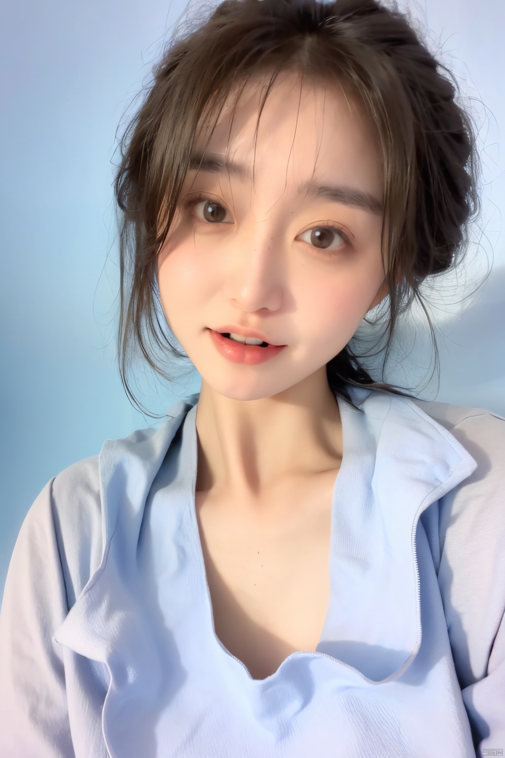  1girl,blue_background,breasts,brown_eyes,brown_hair,collarbone,fur,fur_coat,fur_collar,fur_trim,hand_on_own_face,lips,looking_at_viewer,nose,open_mouth,realistic,short_hair,solo,teeth,