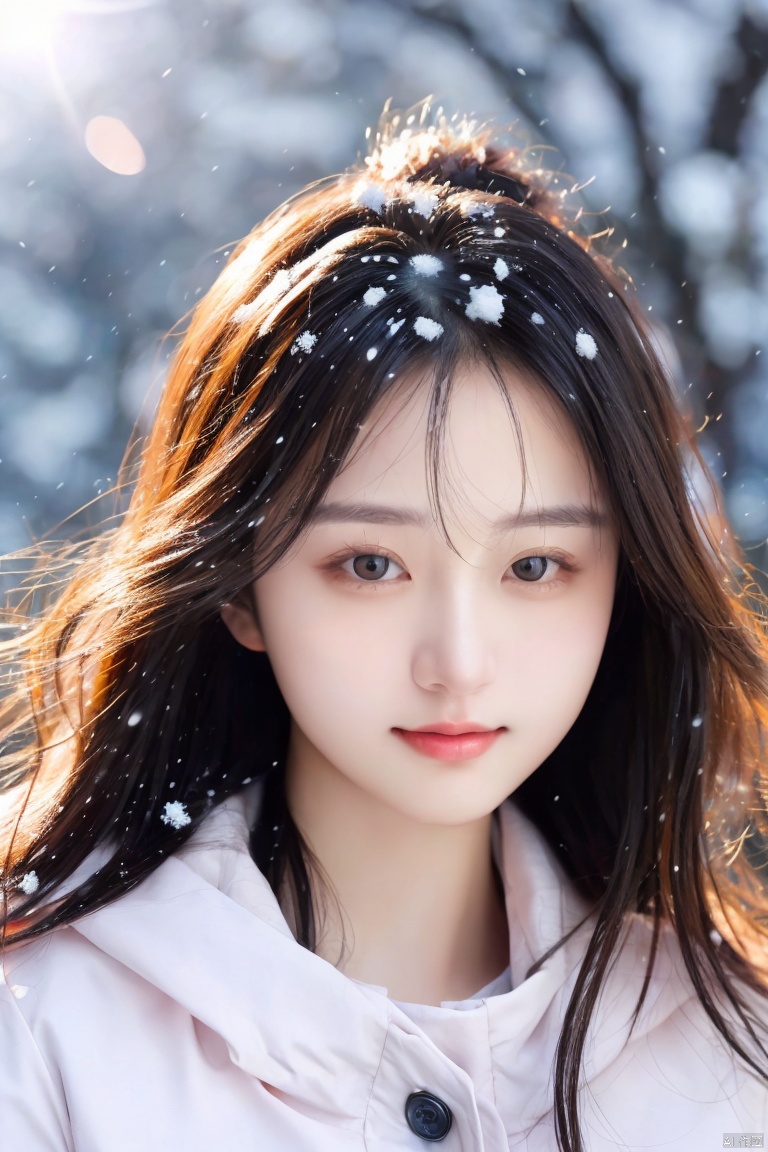  masterpiece, best quality, 1girl ((snowy background)), black hair, floating hair, blush, looking at viewers, white glossy down jacket, happy, ((side)), whole body, feeling snow, (studio light), soft light, dark style, night style, winter, best quality, masterpiece, highres, original, extremely detailed wallpaper,,perfect lighting,(extremely detailed CG:1.2), drawing, paintbrush, 1girl, depth of field,Clear facial features, focusing on the eyes, Purity Portait