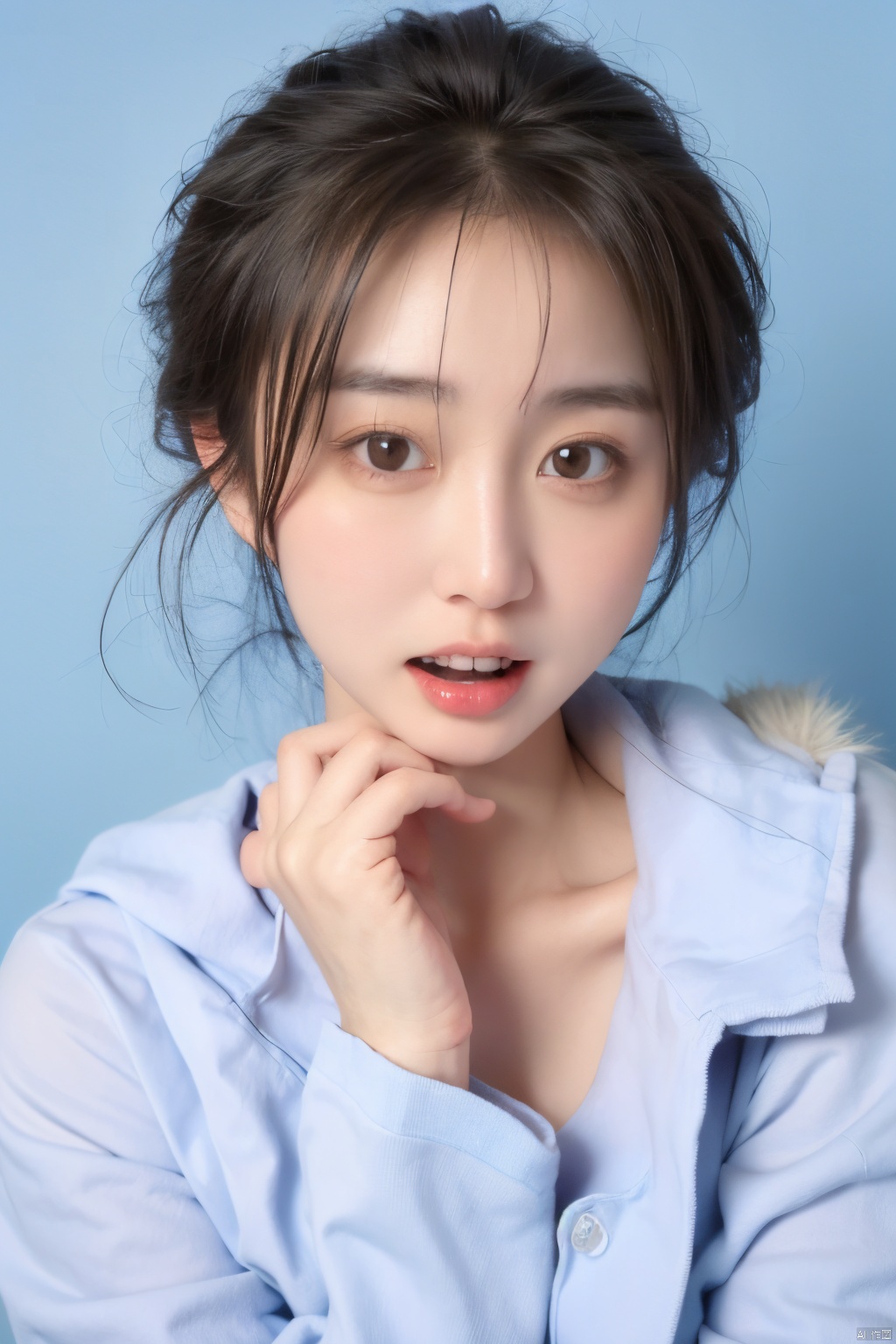  1girl,blue_background,breasts,brown_eyes,brown_hair,collarbone,fur,fur_coat,fur_collar,fur_trim,hand_on_own_face,lips,looking_at_viewer,nose,open_mouth,realistic,short_hair,solo,teeth,