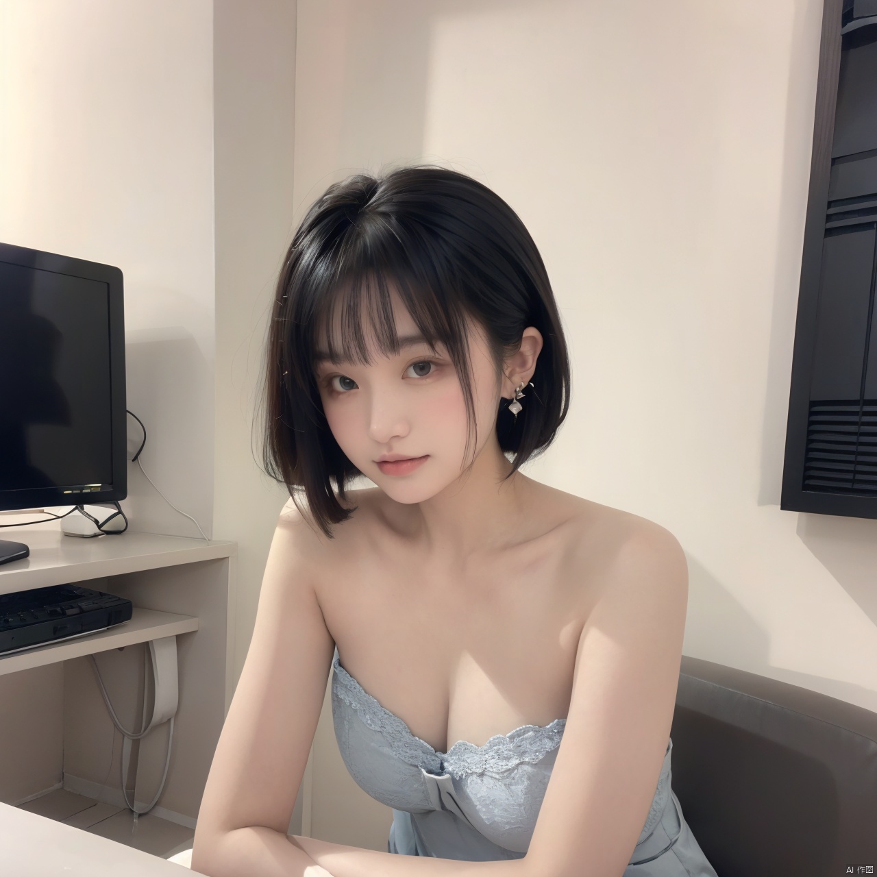  1girl, solo, looking at viewer, short hair, bangs, black hair, jewelry, sitting, jacket, upper body, earrings, blunt bangs, cup, lips, Bra, small amount of dress lace, grey eyes, strapless, tattoo, chair, table, bandeau, tube top, arm tattoo, A girl with a tattoo on her right should,clean background, Light master