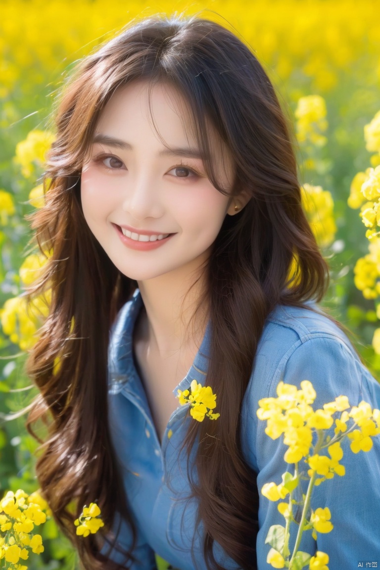  1 Girl, big wavy curly hair, rapeseed flower background, rapeseed flower piece, pure portrait, tooted smile, big body photo pose