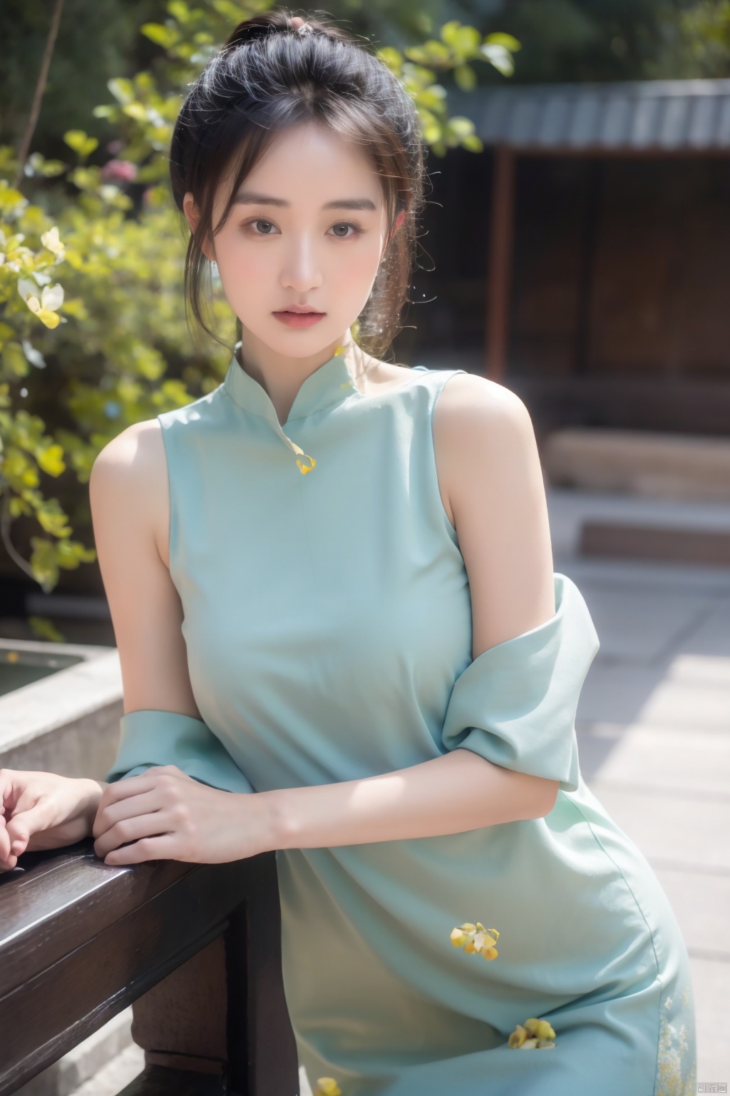  bdress,1girl,chinese garden,ultra-detailed,extremely delicate and beautiful,(by exquisite colors block),masterpiece,best quality,unreal engine 5 rendering,movie light,movie lens,movie special effects,detailed details,HDR,UHD,(8K:0.9),CG wallpaper,,hxluohua,falling_petals,yellow petals,bresk,(green dress:1.3), 1girl