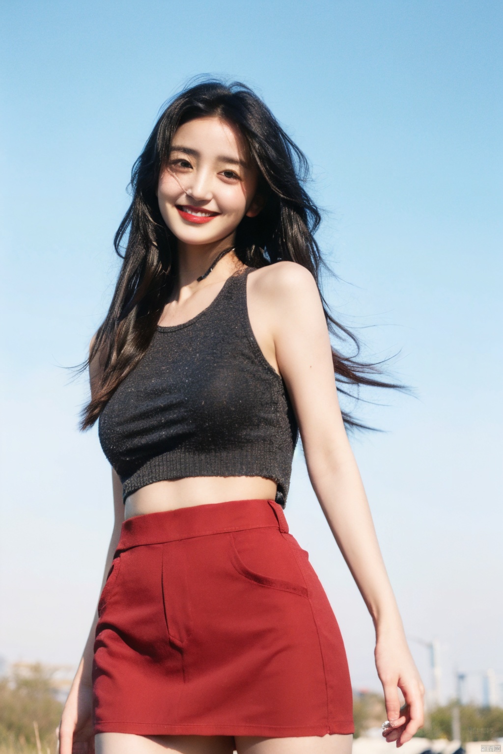 masterpiece,8K,best quality,1girl,smile,navel,long hair,breasts,solo,looking at viewer,midriff,realistic,blurry background,blurry,medium breasts,**** top,pencil_skirt,teeth,crop top,brown eyes,red lips,black hair,long hair,massive hair,light behind hair,hair in front,her hair rested on her shoulders,sun behind,slim hip,float hair,floating hair,flying hair,hair blown by the wind,white clouds behind,the broken hair in the front,messy shaggy hair,dust blown by the wind,mist in front,best quality,ultra high res,ice magic,light particles,sparkle,backlighting,loli,little girl,(child:0.5),13yo,rubber mesh clothes,(black and vibrant ruby red color),art by agnes cecile and agostino arrivabene and alberto dros,drawing,freeform,swirling patterns,doodle art style,little girl,miniskirt,black Leather clothes,
