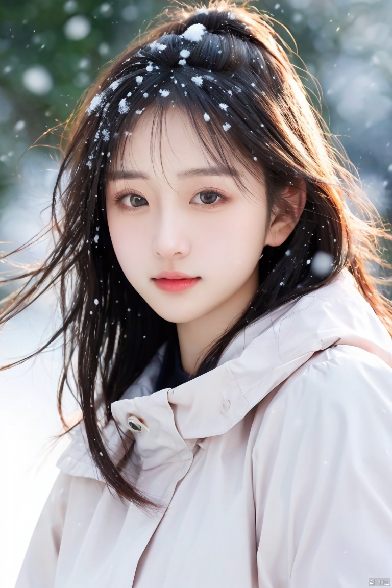  masterpiece, best quality, 1girl ((snowy background)), black hair, floating hair, blush, looking at viewers, white glossy down jacket, happy, ((side)), whole body, feeling snow, (studio light), soft light, dark style, night style, winter, best quality, masterpiece, highres, original, extremely detailed wallpaper,,perfect lighting,(extremely detailed CG:1.2), drawing, paintbrush, 1girl, depth of field,Clear facial features, focusing on the eyes, Purity Portait
