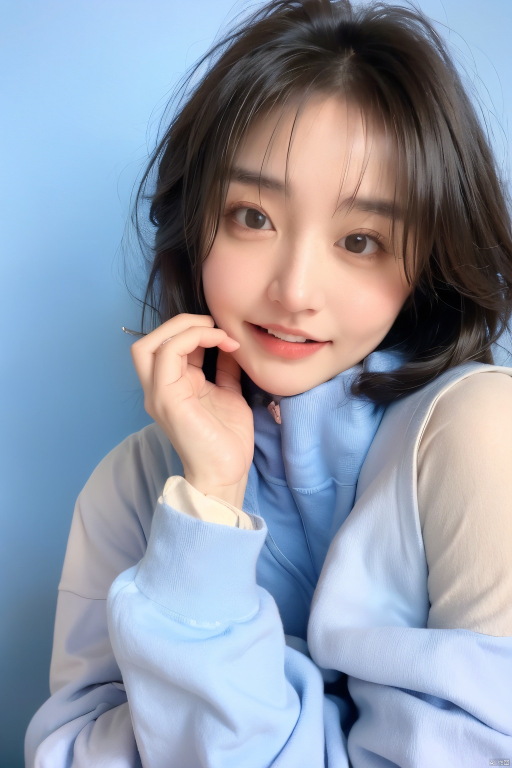  1girl,blue_background,breasts,brown_eyes,brown_hair,collarbone,fur,fur_coat,fur_collar,fur_trim,hand_on_own_face,lips,looking_at_viewer,nose,open_mouth,realistic,short_hair,solo,teeth,