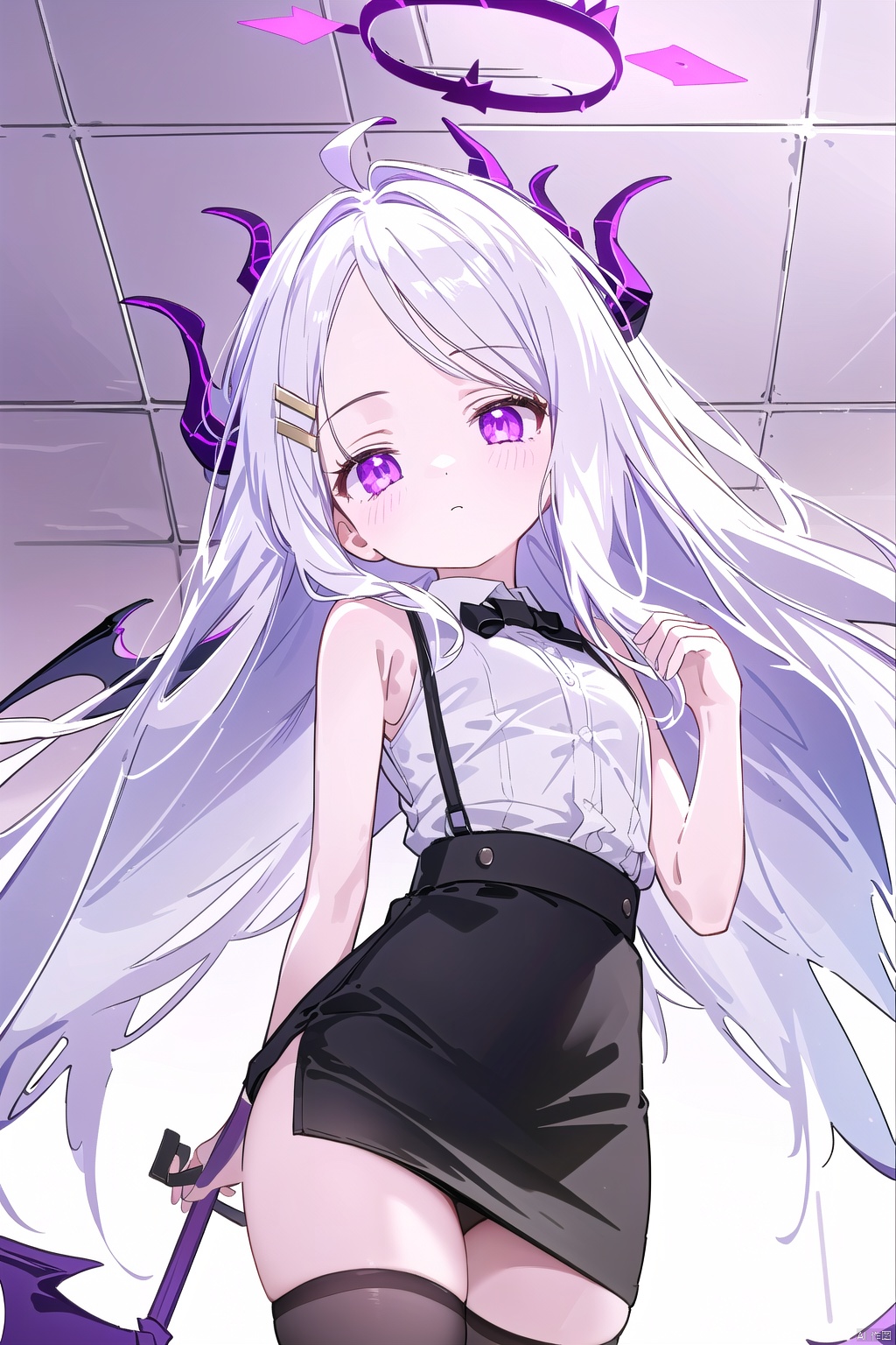  1girl,(masterpiece:1.3),( beautiful:1.2),(high quality:1.2),(finely detailed:1.2),extremely detailed CG unity 8k wallpaper,best quality,a very delicate and beautiful,perfect fingers,(one cute girl at the center:1.2),
 skirt, shirt, thighhighs, white shirt, sleeveless, black thighhighs, black skirt, zettai ryouiki, sleeveless shirt,pencil skirt, popsicle,hinaCausal,
long hair, bangs,hair ornament, very long hair, purple eyes,ahoge, white hair,wings, horns,hairclip,parted bangs, halo,demon girl, demon horns, forehead,demon wings, low wings, multiple horns, hina\(bluearchive\), hinaBA,hinaCasual
