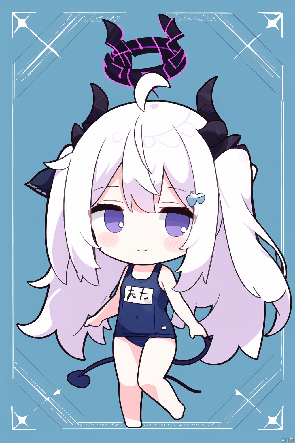 (best quality), ((masterpiece)), (highres),standing,original, extremely detailed wallpaper, (an extremely delicate and beautiful),(loli：1.2),(petite:1.2),(solo),sky, skyline, skyscraper, smile, solo, sunflower, tower, upper_body,white flower,chibi,
long hair, bangs,hair ornament, very long hair, purple eyes,ahoge, white hair,wings, horns,hairclip,parted bangs, halo,demon girl, demon horns, forehead,demon wings, low wings, multiplehorns,hina\(bluearchive\),hinaBA,
bare shoulders, swimsuit, thighs,barefoot,one-piece swimsuit, bare arms, bare legs, covered navel,school swimsuit, blue one-piece swimsuit, name tag, old schoolswimsuit,hina\(swimsuit\)\(bluearchive\),hinaSwimsuit,