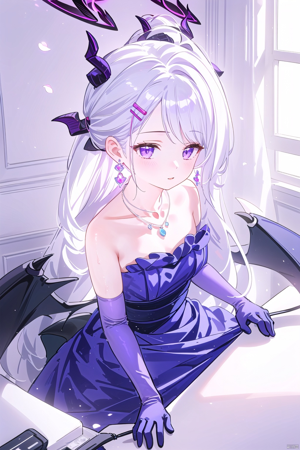  1girl,(masterpiece:1.3),( beautiful:1.2),(high quality:1.2),(finely detailed:1.2),extremely detailed CG unity 8k wallpaper,best quality,a very delicate and beautiful,perfect fingers,(one cute girl at the center:1.2),
gloves, dress, bare shoulders, jewelry, pantyhose, earrings, frills, elbow gloves, necklace, petals, strapless, frilled dress, strapless dress, purple dress, purple gloves, hinaDress,hinaBA,
long hair, bangs,hair ornament, very long hair, purple eyes,ahoge, white hair,wings, horns,hairclip,parted bangs, halo,demon girl, demon horns, forehead,demon wings, low wings, multiple horns, hina\(bluearchive\),