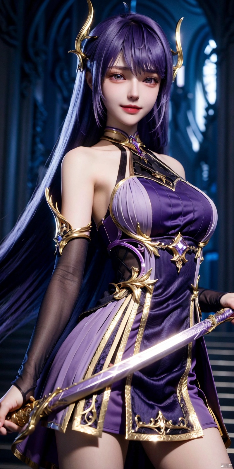  cowboy shot,(Good structure), DSLR Quality,Depth of field,kind smile,looking_at_viewer,Dynamic pose,,1girl, solo,shengcaier, 1girl, asymmetrical sleeves, purple hair, long hair, solo, dress, hair ornament, weapon, purple dress, bare legs, sword