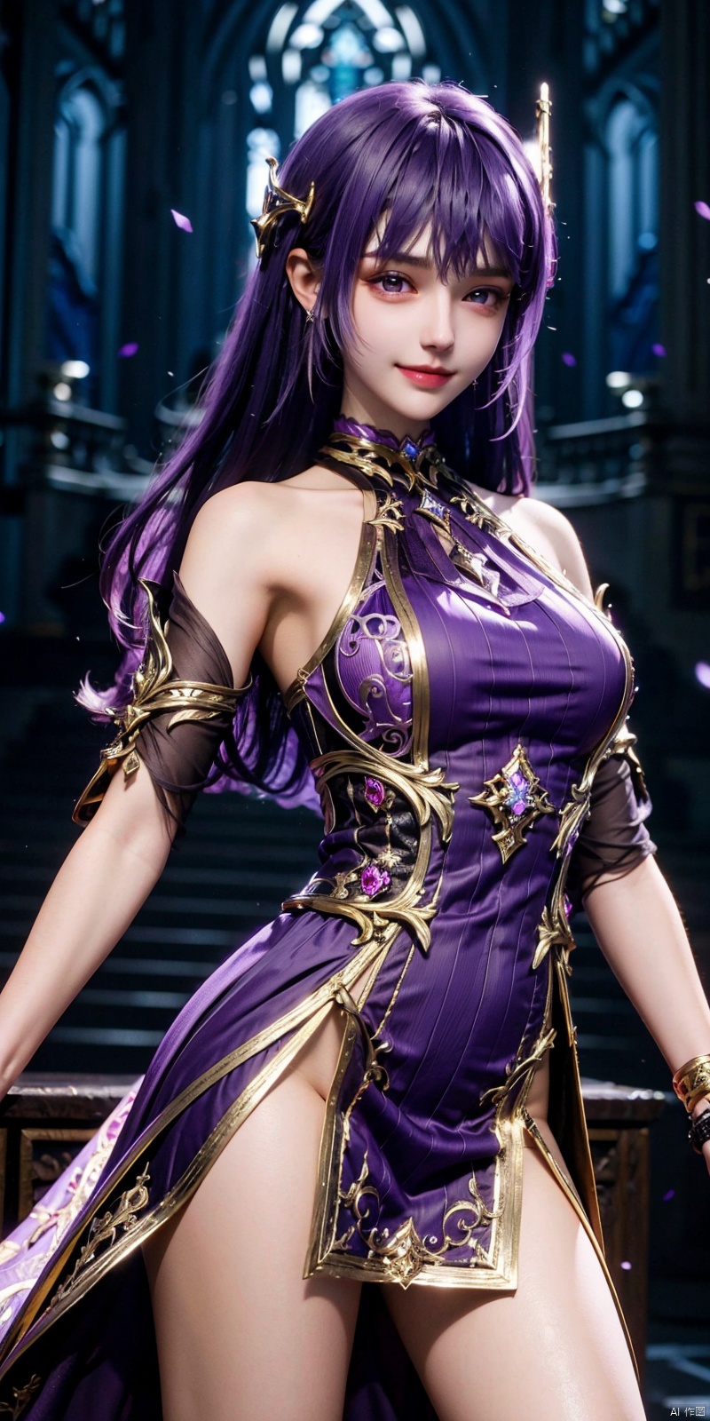 cowboy shot,(Good structure), DSLR Quality,Depth of field,kind smile,looking_at_viewer,Dynamic pose,,1girl, solo,shengcaier, 1girl, asymmetrical sleeves, purple hair, long hair, solo, dress, hair ornament, weapon, purple dress, bare legs, sword