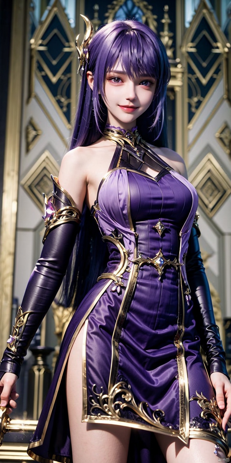  cowboy shot,(Good structure), DSLR Quality,Depth of field,kind smile,looking_at_viewer,Dynamic pose,,1girl, solo,shengcaier, 1girl, asymmetrical sleeves, purple hair, long hair, solo, dress, hair ornament, weapon, purple dress, bare legs, sword