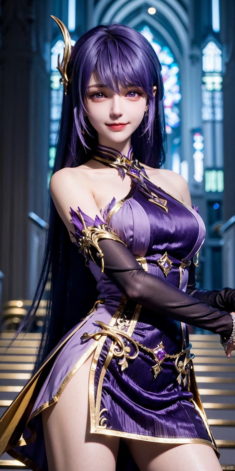  cowboy shot,(Good structure), DSLR Quality,Depth of field,kind smile,looking_at_viewer,Dynamic pose,,1girl, solo,shengcaier, 1girl, asymmetrical sleeves, purple hair, long hair, solo, dress, hair ornament, weapon, purple dress, bare legs, sword