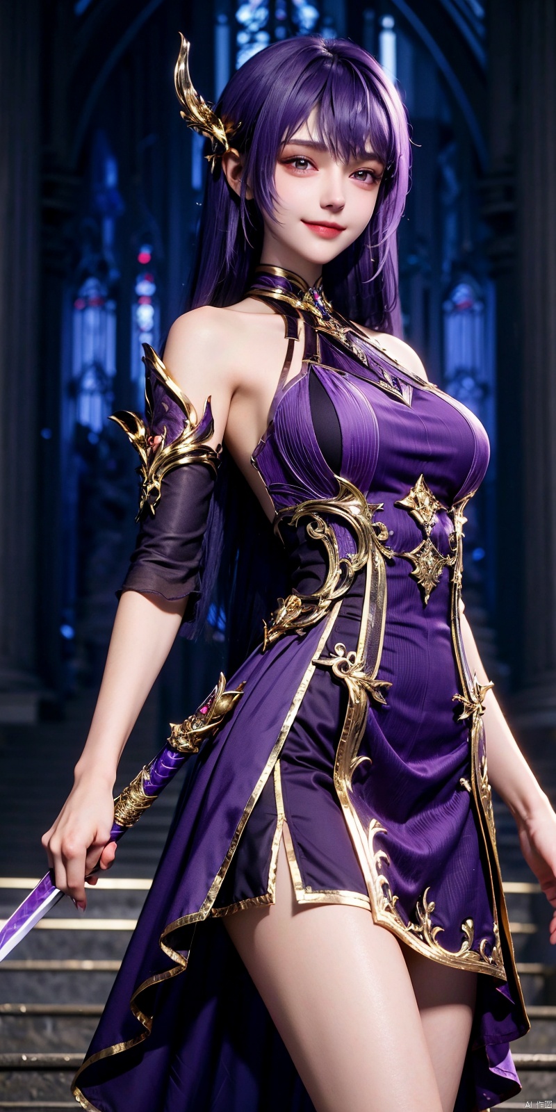  cowboy shot,(Good structure), DSLR Quality,Depth of field,kind smile,looking_at_viewer,Dynamic pose,,1girl, solo,shengcaier, 1girl, asymmetrical sleeves, purple hair, long hair, solo, dress, hair ornament, weapon, purple dress, bare legs, sword