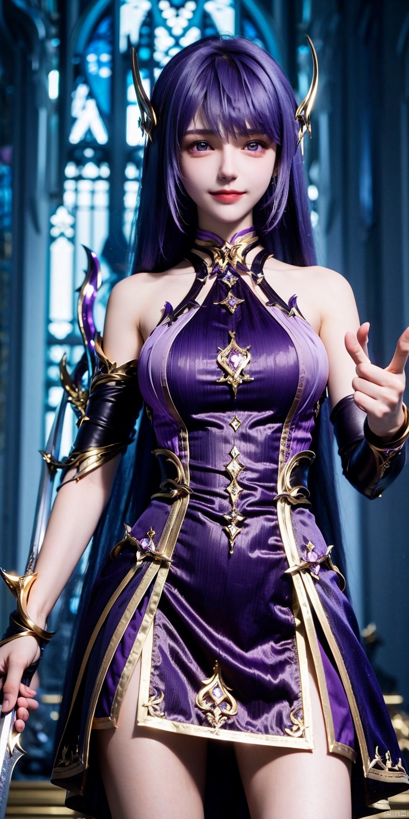  cowboy shot,(Good structure), DSLR Quality,Depth of field,kind smile,looking_at_viewer,Dynamic pose,,1girl, solo,shengcaier, 1girl, asymmetrical sleeves, purple hair, long hair, solo, dress, hair ornament, weapon, purple dress, bare legs, sword