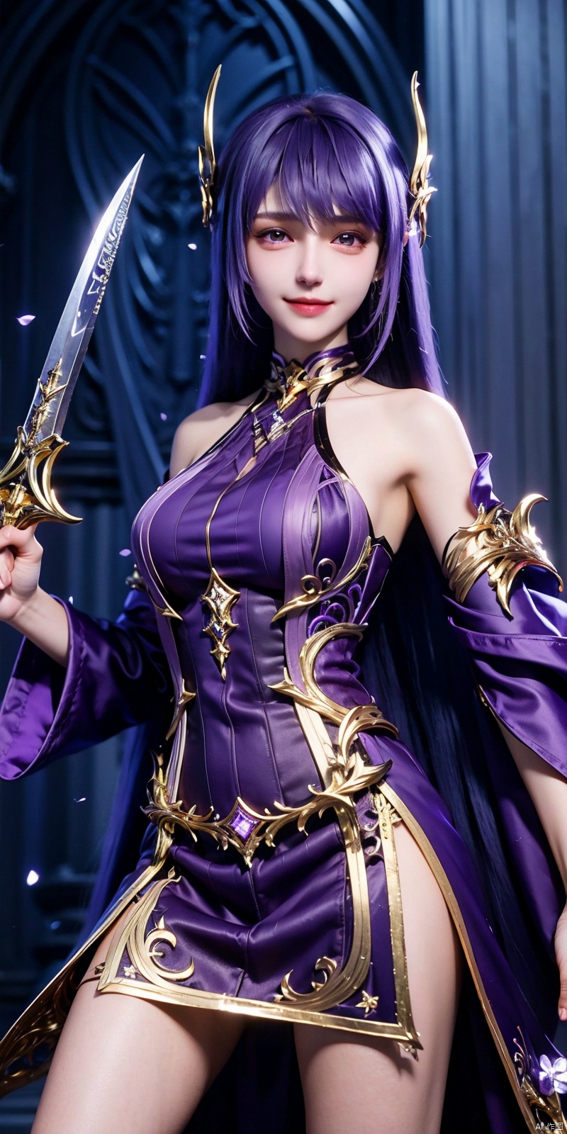  cowboy shot,(Good structure), DSLR Quality,Depth of field,kind smile,looking_at_viewer,Dynamic pose,,1girl, solo,shengcaier, 1girl, asymmetrical sleeves, purple hair, long hair, solo, dress, hair ornament, weapon, purple dress, bare legs, sword