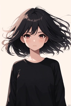 jijianchahua, 1girl, solo,looking at viewer, upper body, short hair, shirt, long sleeves, bangs, clothes writing, expressionless, closed mouth, black shirt, floating hair, wind, black hair