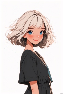 jijianchahua, 1girl, solo, simple background, looking at viewer, short sleeves, short hair, blue eyes, smile, aqua background, black dress, dress, white hair, upper body, blush, from side, blue background, bangs, closed mouth, shirt, bob cut