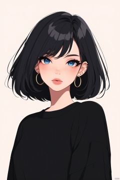 jijianchahua, 1girl, solo, jewelry, earrings, black hair, simple background, hoop earrings, blue eyes, upper body, short hair, sweater, black sweater, black shirt, closed mouth, piercing, lips, shirt, freckles