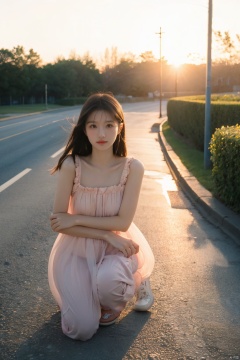  Cute girl, sweet,  blushing, sunset lighting, sunlight on the girl's face, very attractive, charming, film, KODAK Portra 400, Hasselblad photography, realistic, detailed, 8K RAW, 4k photo, masterpiece,full body,