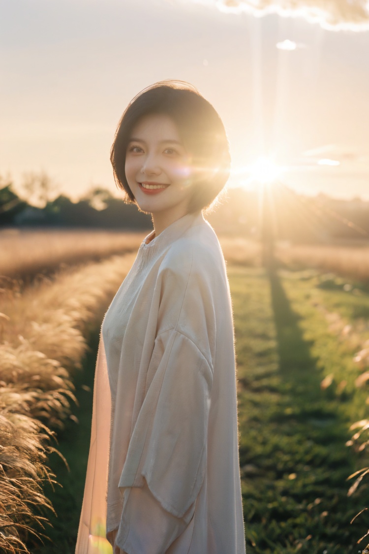  Best quality,masterpiece,ultra high res,photorealistic,raw photo,unity 8k wallpaper, panorama, cinematic lighting, on grass, sunset, dappled sunlight, golden hour lighting, backlighting, blurry background, (lens flare), wind, pastel colors, soft light, 1girl,floating short hair, smile,,full body, girl,