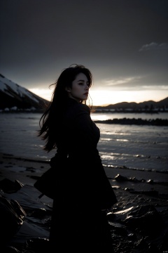  masterpiece,best quality,highres,2girls,flora,snowing,bokeh,low contrast,sharp and in focus,(art by Chris Friel:1.2),(night),sad,melancholy,,,messy long hair,wind,cinematic_angle,(cinematic tone:1.2),air bangs,mountaintop,cowboy shot,floating hair,rule of thirds,ice lake,depth of field,from back,