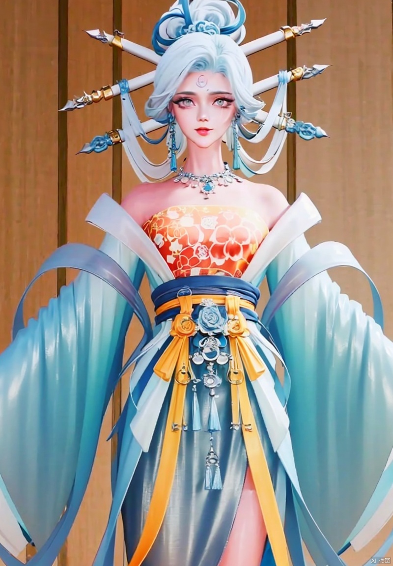 1girl, solo, looking at viewer, blue eyes, hair ornament, long sleeves, dress, bare shoulders, jewelry, white hair, necklace, facial mark, chinese clothes, forehead mark, hanfu, houtufeng