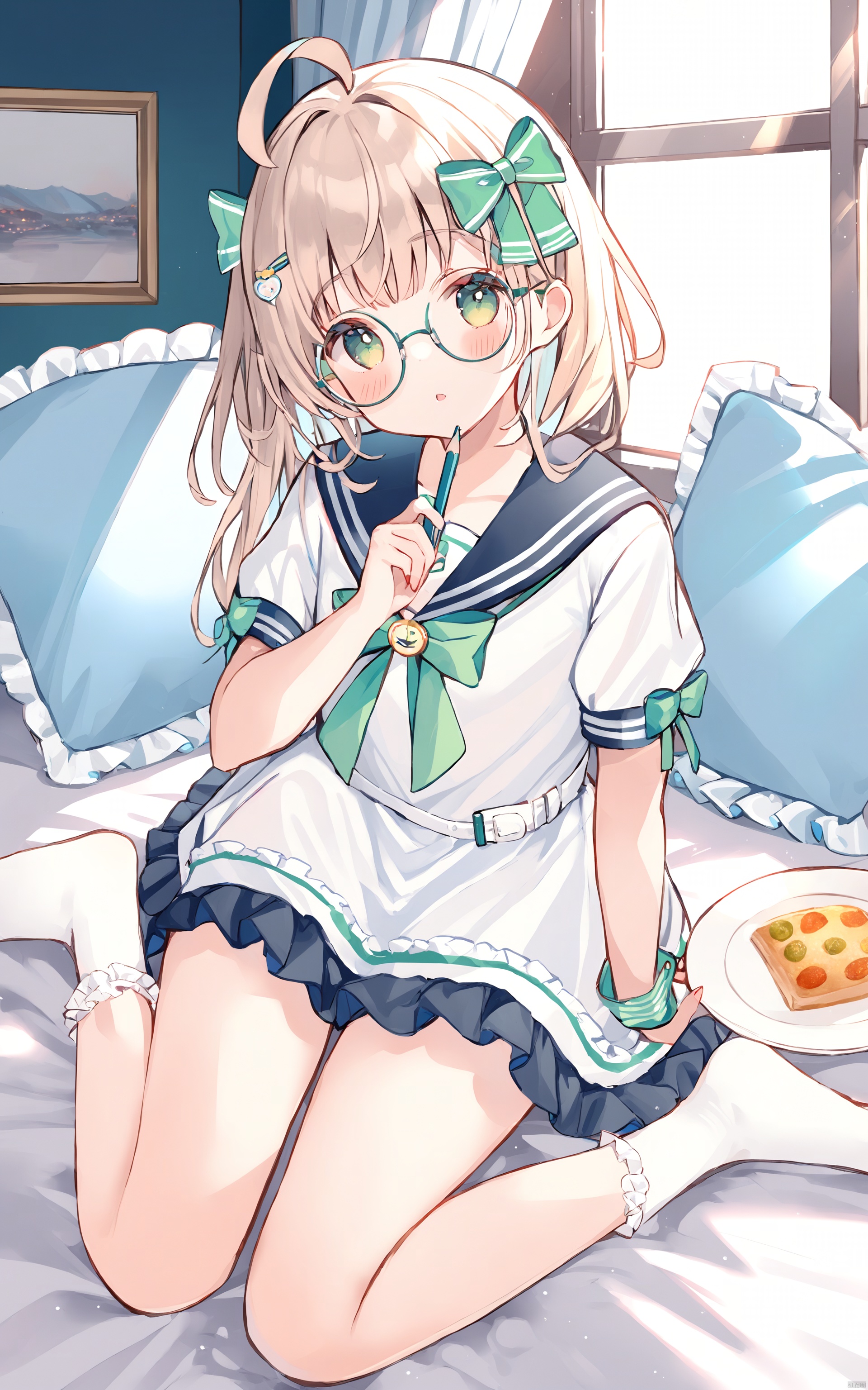  (best quality), ((masterpiece))1girl, solo, sailor collar, no shoes, short sleeves, glasses, socks, white socks, lying, bow, puffy sleeves, blush, hair bow, wrist cuffs, puffy short sleeves, frills, round eyewear, on stomach, dress, long hair, ahoge, green bow, window, soles, bangs, curtains, pillow, looking at viewer, holding pencil, food, holding, sailor dress, white dress, hair ornament, frilled pillow, pencil, parted lips, plate