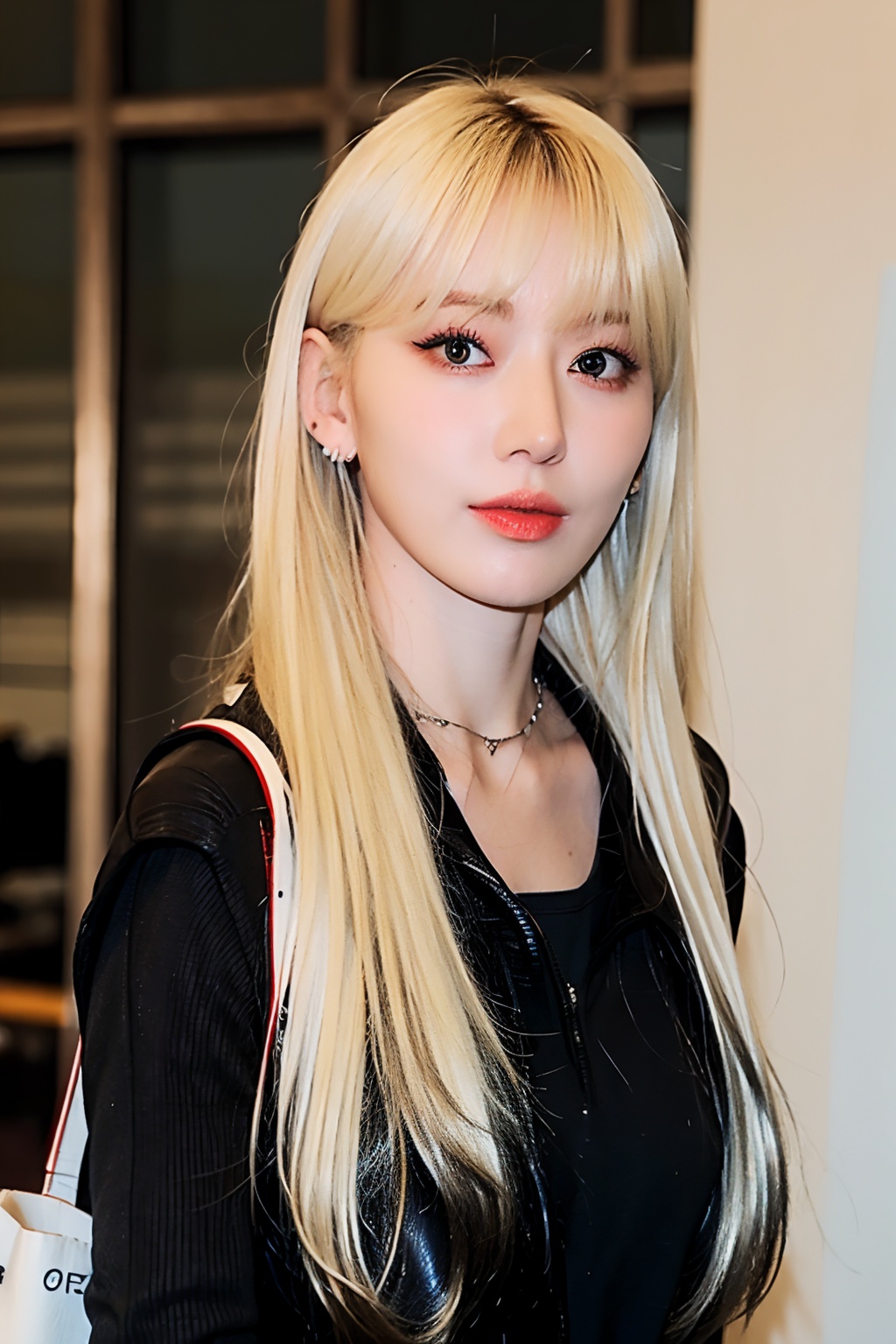 ultra-high definition,extreme detail,8k,realistic,(masterpiece:1.3),(best quality:1.3),(photorealistic:1.4),4k,detail face,1,1girl,solo,jewelry,necklace,long hair,parted lips,blonde hair,multicolored hair,earphones,lips,upper body,white hair,bag,long sleeves,<lora:_20240321113412-000006:0.8>,