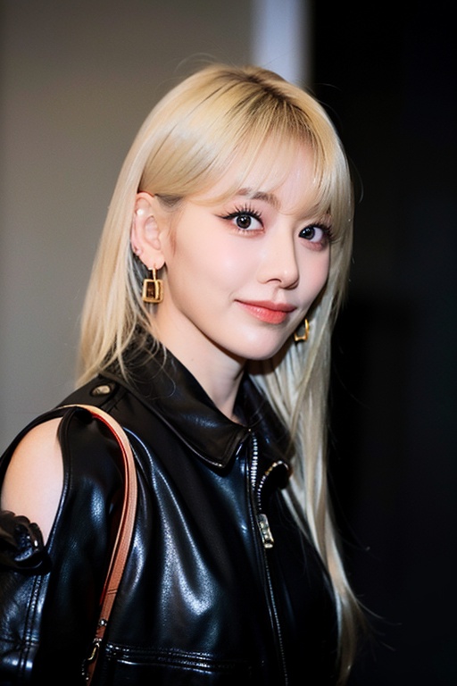 ultra-high definition,extreme detail,8k,realistic,(masterpiece:1.3),(best quality:1.3),(photorealistic:1.4),4k,detail face,1,v,blonde hair,1girl,long hair,looking at viewer,jewelry,earrings,blurry,blurry background,upper body,jacket,bangs,smile,closed mouth,realistic,ear piercing,piercing,black nails,lips,selfie,solo focus,grey background,long sleeves,solo,black eyes,<lora:_20240321113412-000006:0.8>,