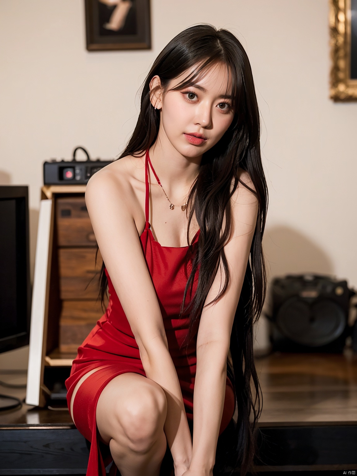  1, 1girl, long hair, brown hair, solo, dress, brown eyes, looking at viewer, holding, red dress, parted lips, bare shoulders, indoors, lips, sleeveless, ((poakl)),nice_body,full_body