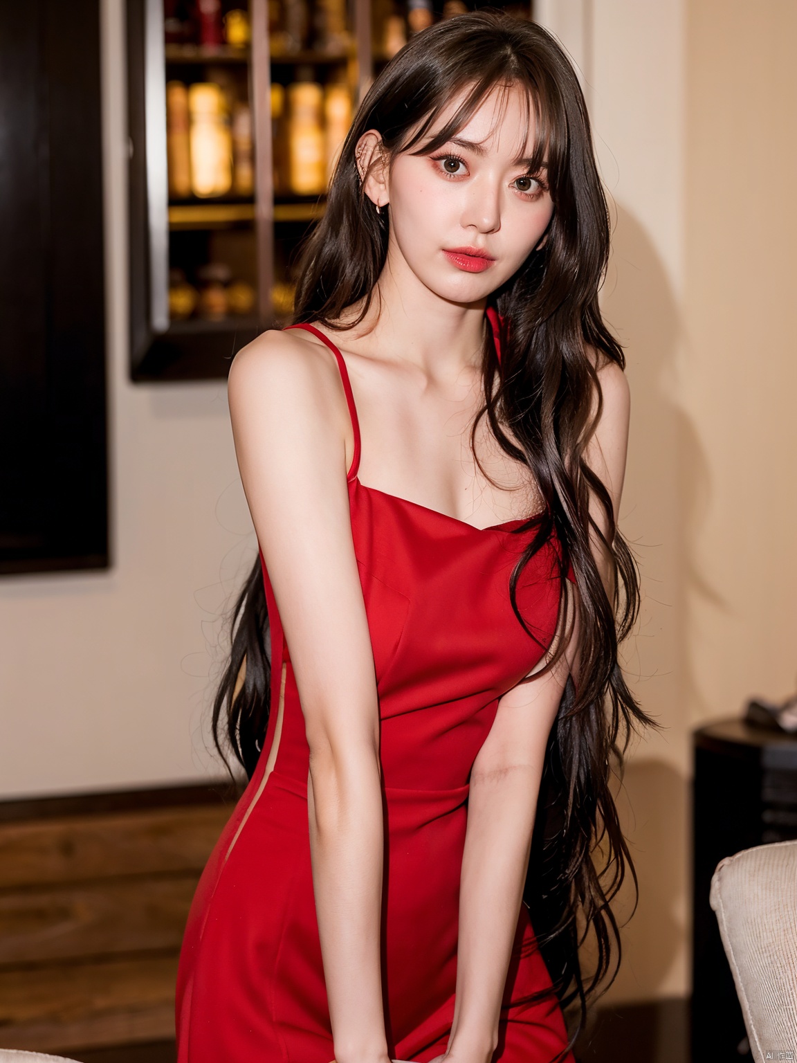  1, 1girl, long hair, brown hair, solo, dress, brown eyes, looking at viewer, holding, red dress, parted lips, bare shoulders, indoors, lips, sleeveless, ((poakl)),nice_body,full_body