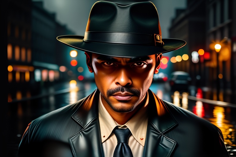 impactful paint of a a detective walks in the middle of a rainy night,  with his hat off,  staring intently at the camera...
