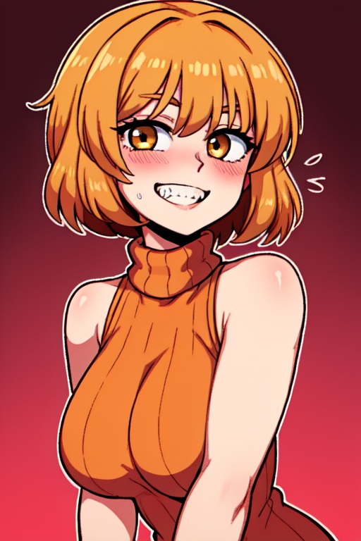 masterpiece,best quality,detailed faces and eyes,1girl, breasts, orange_shirt, solo, short_hair, smile, sweater, turtleneck, ribbed_sweater, blush, sleeveless, orange_sweater, looking_at_viewer, brown_eyes, outline, blonde_hair, upper_body, bare_shoulders, brown_hair, grin, sleeveless_turtleneck, yellow_eyes,cartoon 