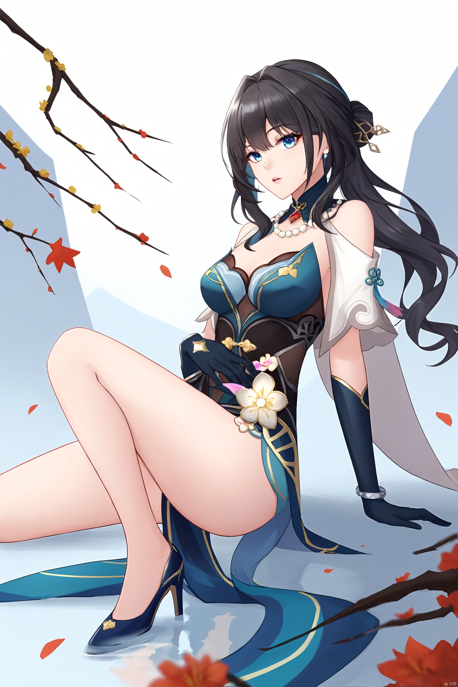  masterpiece, best quality,1girl,  long hair , parted lips, solo,bangs, portrait, lips,blunt bangs, yelashes , full_body,full body,
ruanmei, def clothe, 1girl, gloves, blue eyes, black hair, dress, breasts, high heels, chineseclothes,
cowboy shot,,,wide shot,floating,lens 135mm,f1.8,