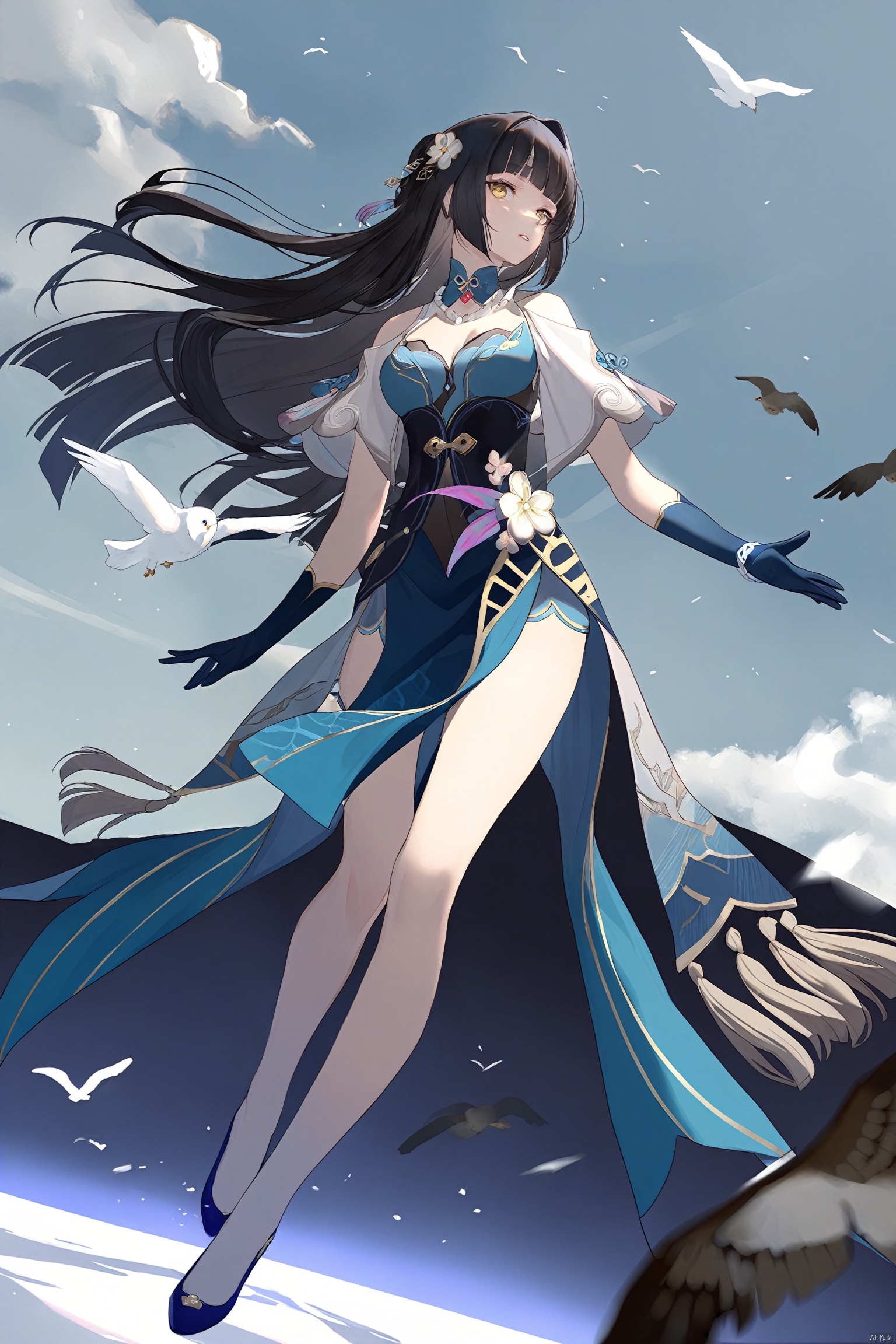  masterpiece, best quality,1girl, bird, yellow eyes, owl, long hair , parted lips, solo,bangs, portrait, lips,blunt bangs, yelashes , full_body,full body
ruanmei, def clothe, 1girl, gloves, blue eyes, black hair, dress, breasts, high heels, chineseclothes,
cowboy shot,dynamic angle,from below,intense angle ,dutch angle,wide shot,floating,lens 135mm,f1.8,