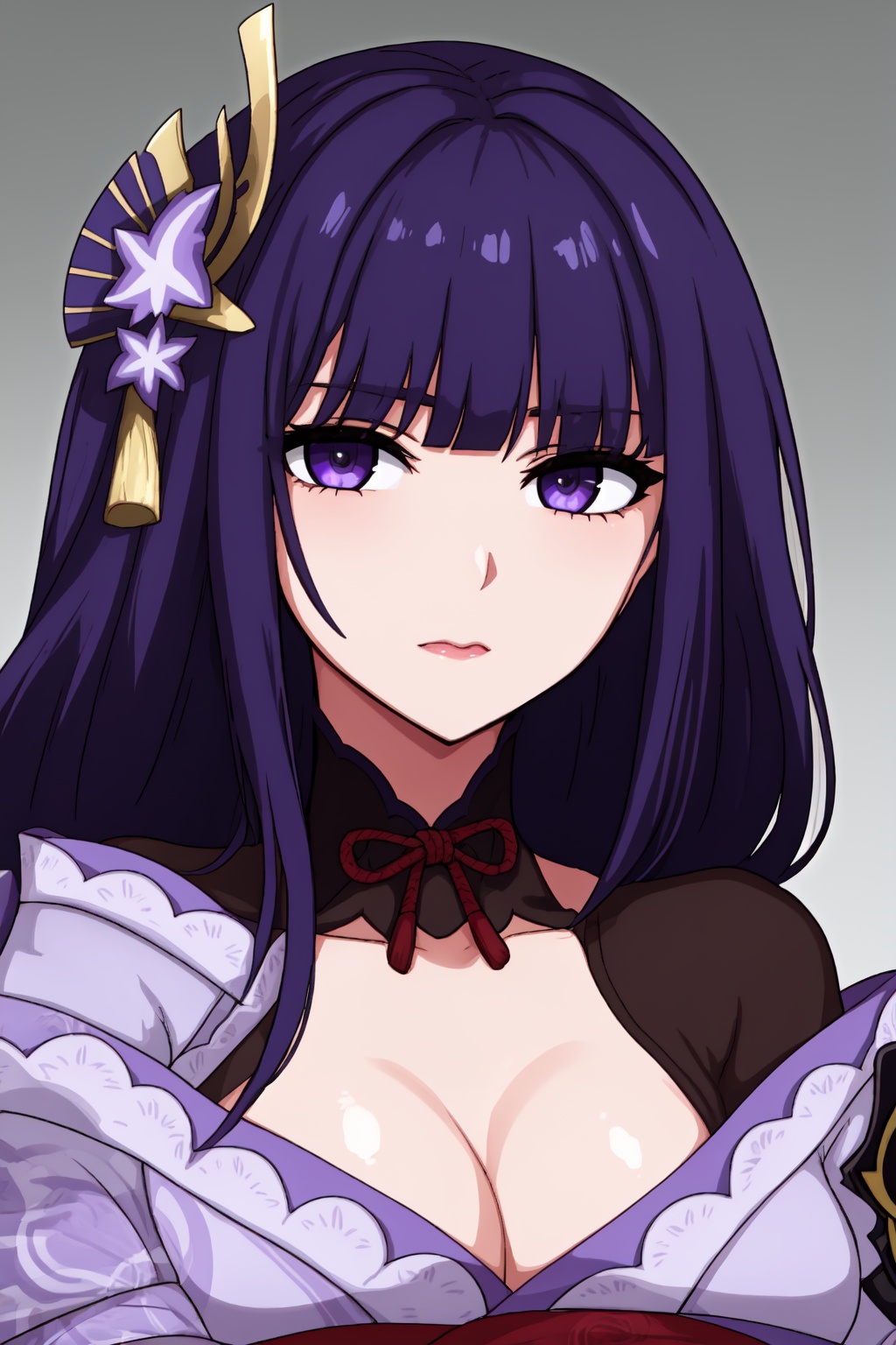 masterpiece,best quality,detailed faces and eyes, 1girl, breasts, solo, looking_at_viewer,raidenshogundef