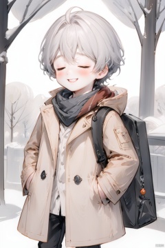  Solo, Blush, a little boy, smile, body, eyes closed, white hair, male focus, outdoor, bag, scarf, gray coat, child, Boy,气质男孩