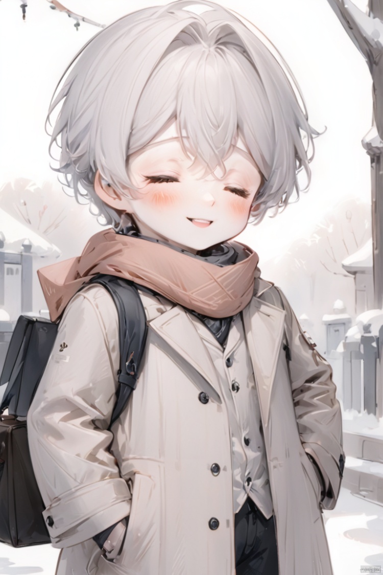  Solo, Blush, a little boy, smile, body, eyes closed, white hair, male focus, outdoor, bag, scarf, gray coat, child, Boy,气质男孩