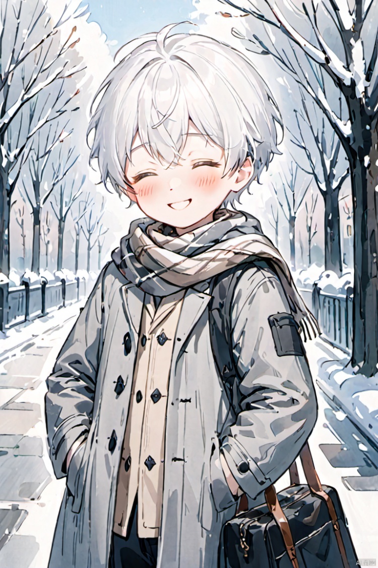  Solo, Blush, a little boy, smile, body, eyes closed, white hair, male focus, outdoor, bag, scarf, gray coat, child, Boy,气质男孩