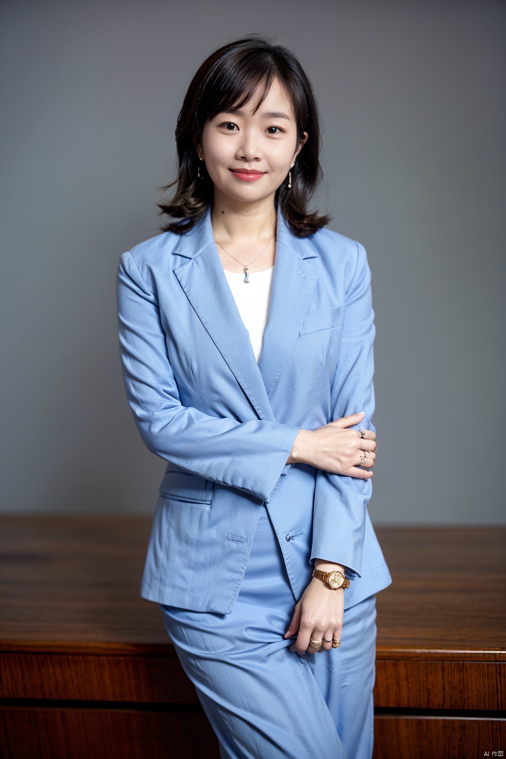 1girl, solo, watch, jewelry, ring, skirt, wristwatch, formal, looking at viewer, suit, realistic, jacket, shirt, grey background, white shirt, earrings, brown eyes, simple background, brown hair, necklace, pencil skirt, lips, office lady, black hair, smile, medium hair, blue jacket, long sleeves, cowboy shot, skirt suit, hand on own arm, Uniform, Office Lady, OL