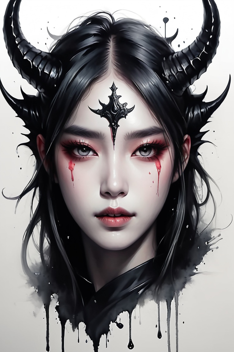 Create a detailed close-up illustration capturing the essence of a demon horns,  drawing inspiration from rossdraws,  side...