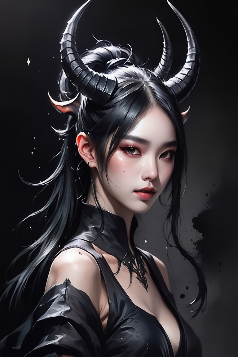 Create a detailed close-up illustration capturing the essence of a demon horns,  drawing inspiration from rossdraws,  side...