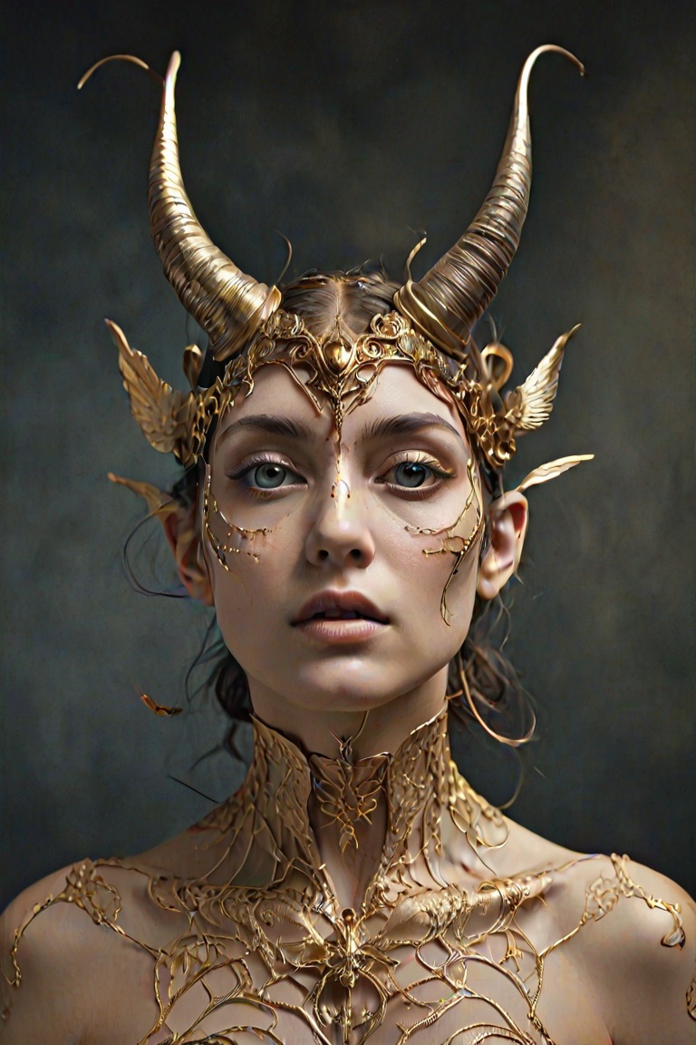 figoores: The reincarnation of the human fly,  absurd photography style,  gold filigram horns on Tensor.Art