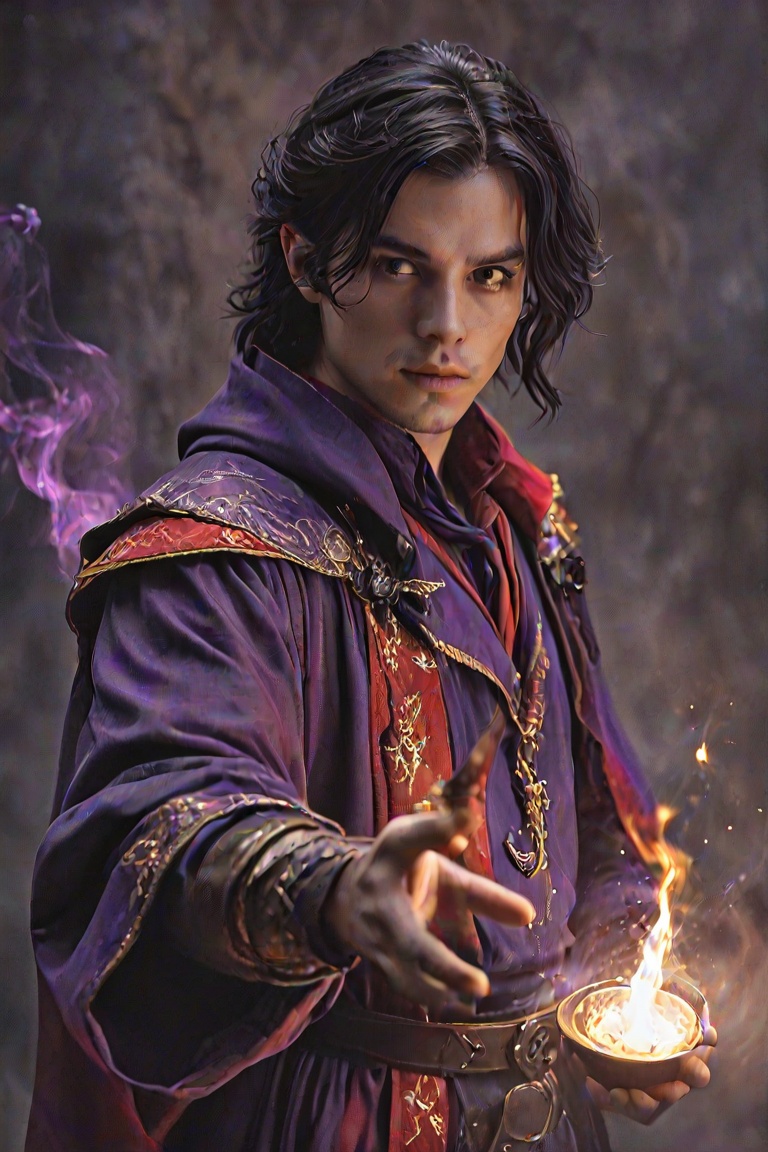 a human man who is an wizard,  in the style of dnd characters,  purple red and gold on Tensor.Art