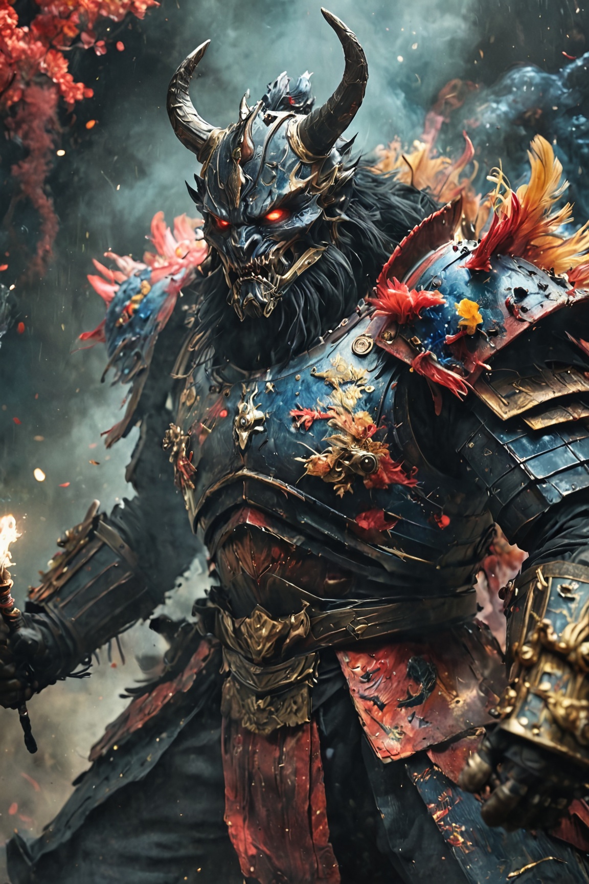 an ugly behemoth masked divinity samurai like creature in action and unleashing an attack against enemies,  vincent van go...